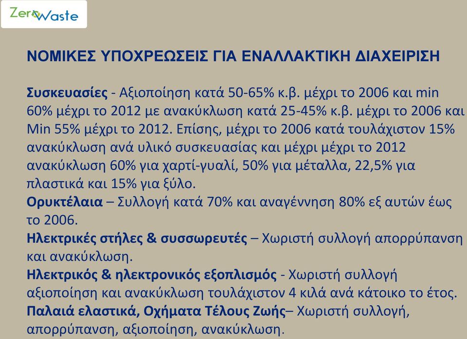 Ορυκτέλαια Συλλογή κατά 70% και αναγέννηση 80% εξ αυτών έως το 2006. Ηλεκτρικές στήλες & συσσωρευτές Χωριστή συλλογή απορρύπανση και ανακύκλωση.