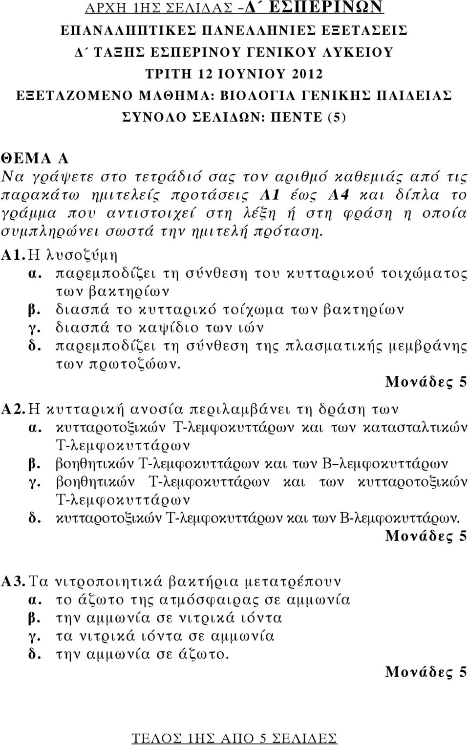 παρεμποδίζει τη σύνθεση του κυτταρικού τοιχώματος των βακτηρίων β. διασπά το κυτταρικό τοίχωμα των βακτηρίων γ. διασπά το καψίδιο των ιών δ.