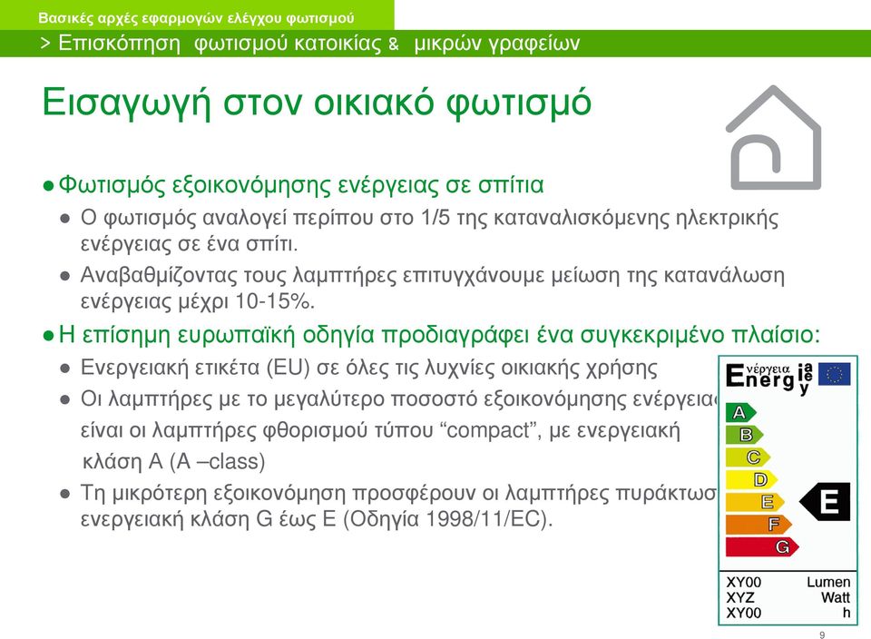 Η επίσημη ευρωπαϊκή οδηγία προδιαγράφει ένα συγκεκριμένο πλαίσιο: Ενεργειακή ετικέτα (EU) σε όλες τις λυχνίες οικιακής χρήσης Οι λαμπτήρες με το μεγαλύτερο ποσοστό