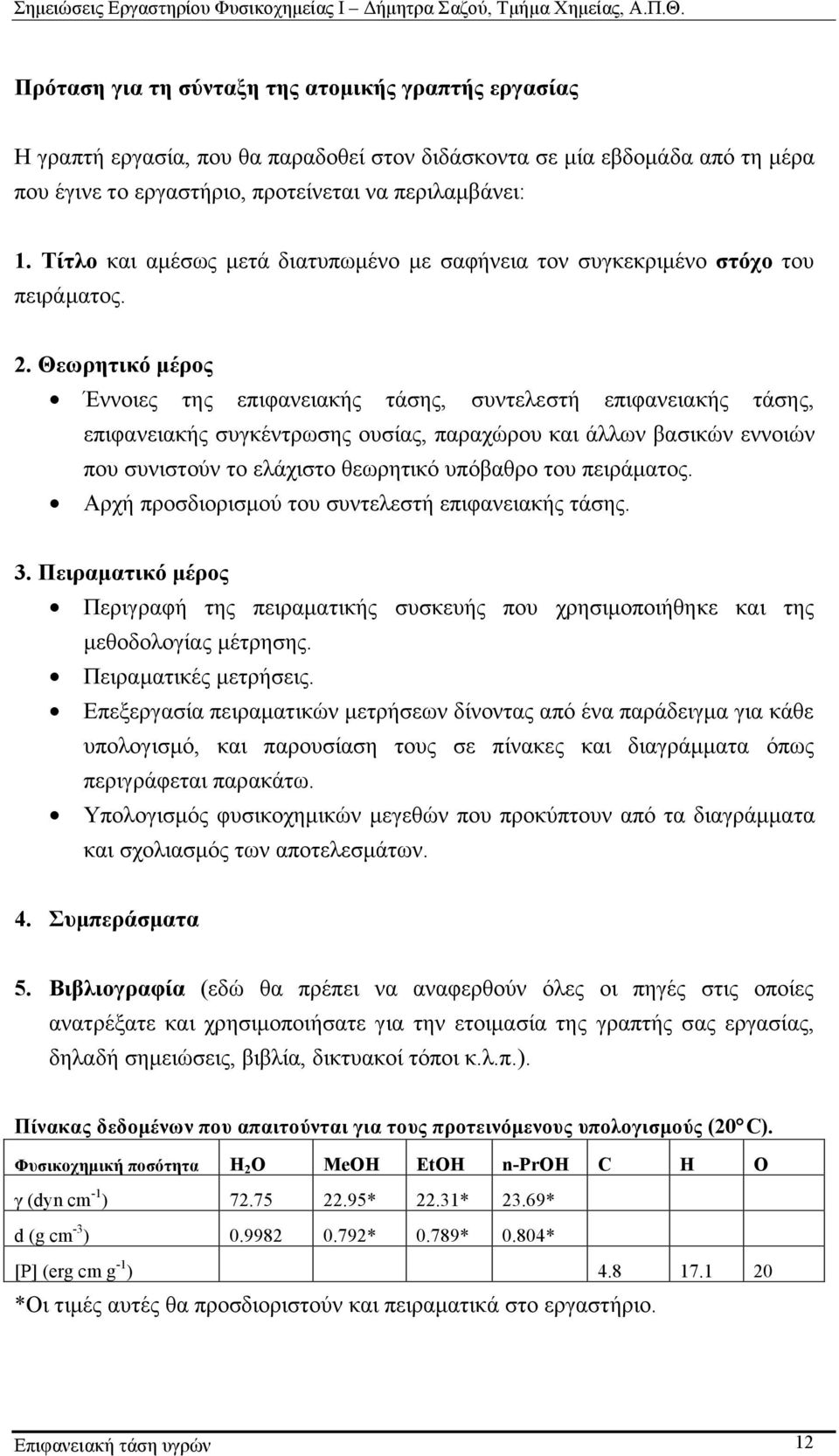 Θεωρητικό µέρος Έννοιες της επιφανειακής τάσης, συντελεστή επιφανειακής τάσης, επιφανειακής συγκέντρωσης ουσίας, παραχώρου και άλλων βασικών εννοιών που συνιστούν το ελάχιστο θεωρητικό υπόβαθρο του