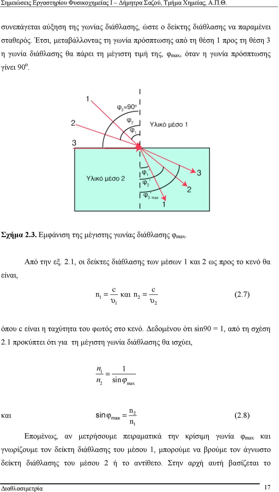 είναι, Από την εξ. 2.1, οι δείκτες διάθλασης των µέσων 1 και 2 ως προς το κενό θα n 1 = c! 1 και n 2 = c! 2 (2.7) όπου c είναι η ταχύτητα του φωτός στο κενό. Δεδοµένου ότι sin90 = 1, από τη σχέση 2.