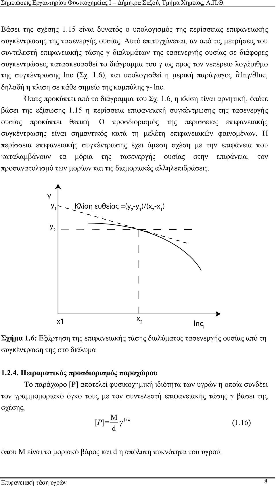 της συγκέντρωσης lnc (Σχ. 1.6), και υπολογισθεί η µερική παράγωγος! lnγ/ lnc, δηλαδή η κλιση σε κάθε σηµείο της καµπύλης γ- lnc. Όπως προκύπτει από το διάγραµµα του Σχ. 1.6, η κλίση είναι αρνητική, όπότε βάσει της εξίσωσης 1.