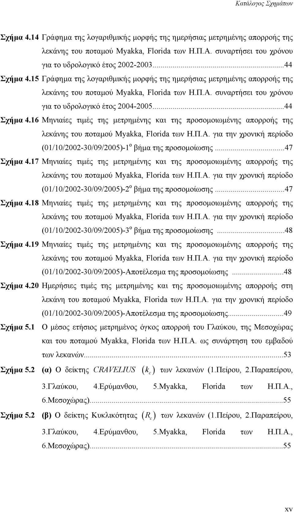 συναρτήσει του χρόνου για το υδρολογικό έτος 2004-2005...44 Σχήµα 4.16 Μηνιαίες τιµές της µετρηµένης και της προσοµοιωµένης απορροής της λεκάνης του ποταµού Myakka, Florida των Η.Π.Α.