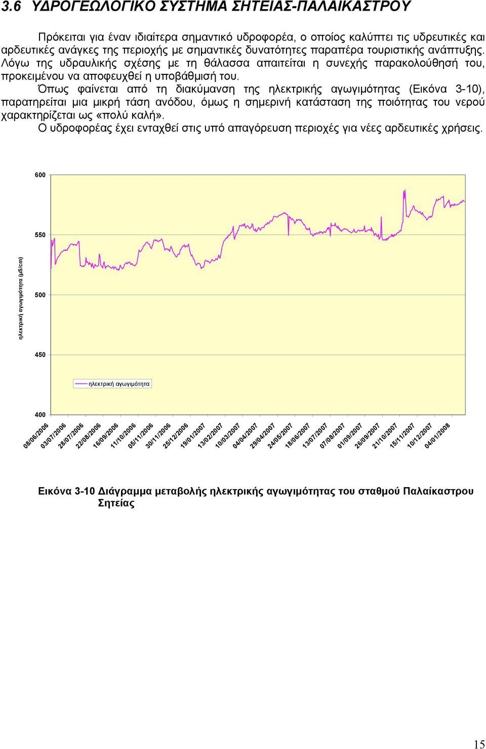 Όπως φαίνεται από τη διακύμανση της ηλεκτρικής αγωγιμότητας (Εικόνα 3-1), παρατηρείται μια μικρή τάση ανόδου, όμως η σημερινή κατάσταση της ποιότητας του νερού χαρακτηρίζεται ως «πολύ καλή».