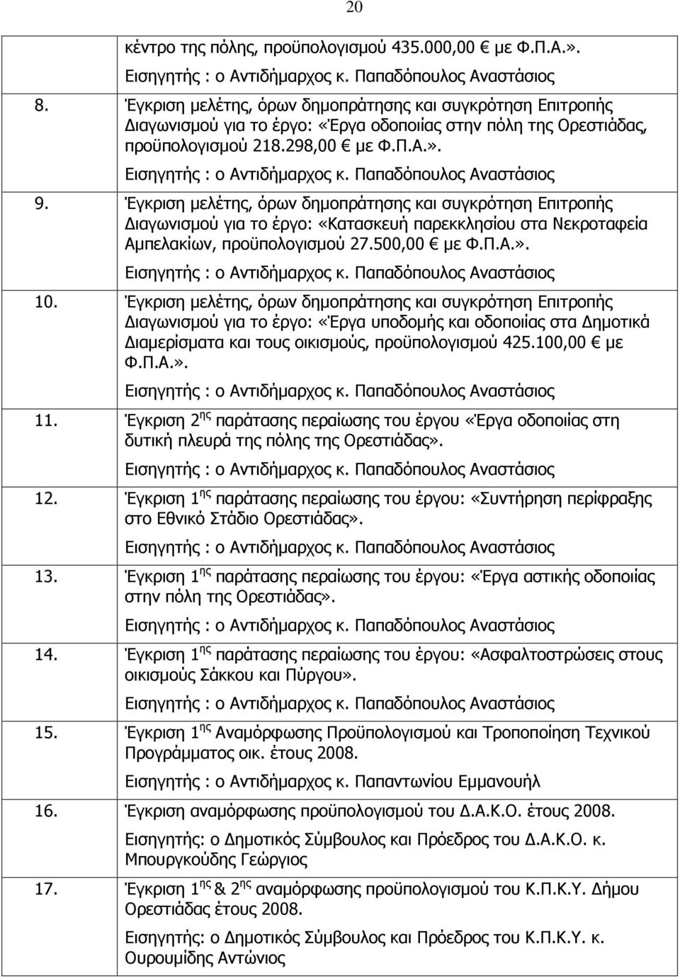 Παπαδόπουλος Αναστάσιος 9. Έγκριση µελέτης, όρων δηµοπράτησης και συγκρότηση Επιτροπής ιαγωνισµού για το έργο: «Κατασκευή παρεκκλησίου στα Νεκροταφεία Αµπελακίων, προϋπολογισµού 27.500,00 µε Φ.Π.Α.».