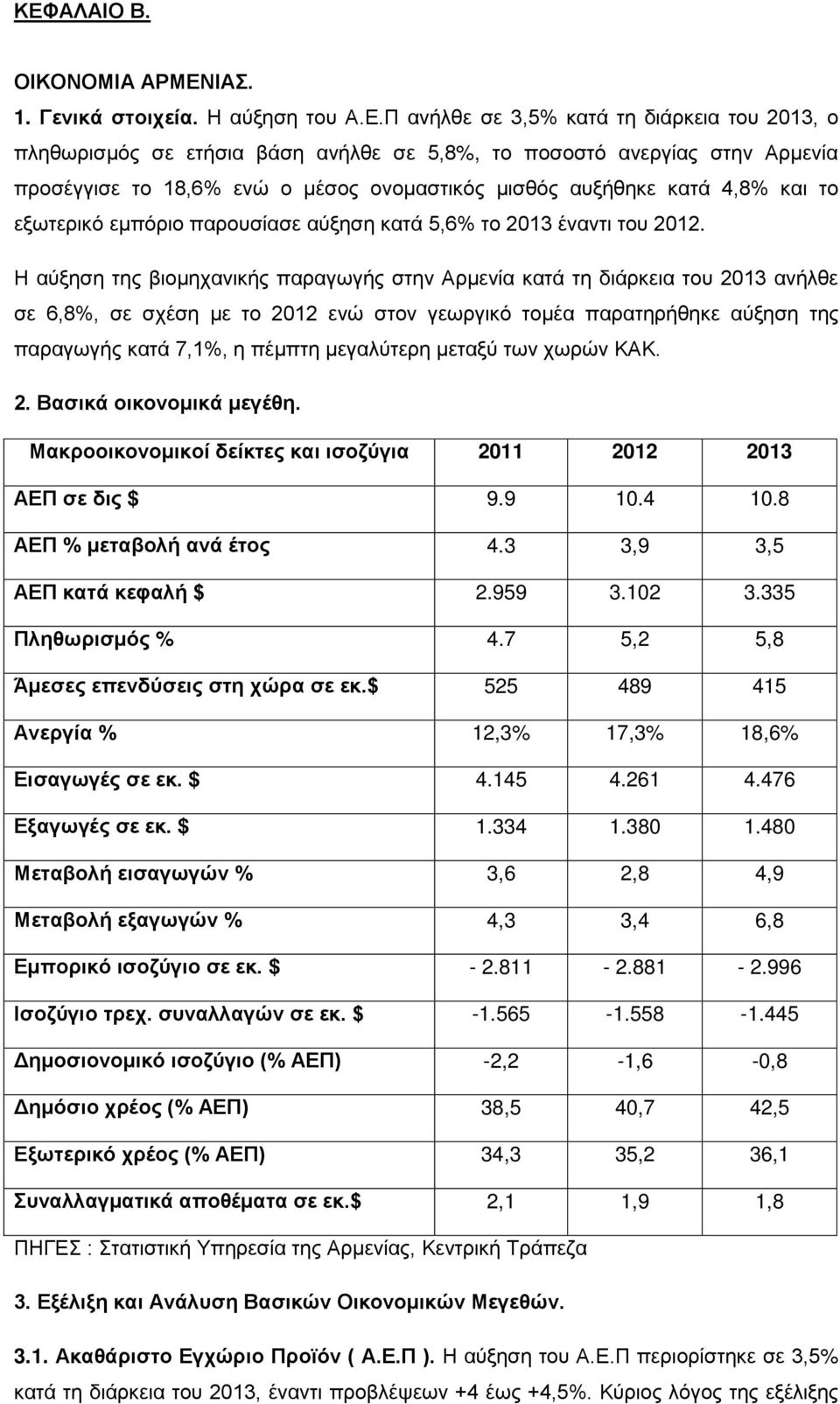 Η αύξηση της βιομηχανικής παραγωγής στην Αρμενία κατά τη διάρκεια του 2013 ανήλθε σε 6,8%, σε σχέση με το 2012 ενώ στον γεωργικό τομέα παρατηρήθηκε αύξηση της παραγωγής κατά 7,1%, η πέμπτη μεγαλύτερη