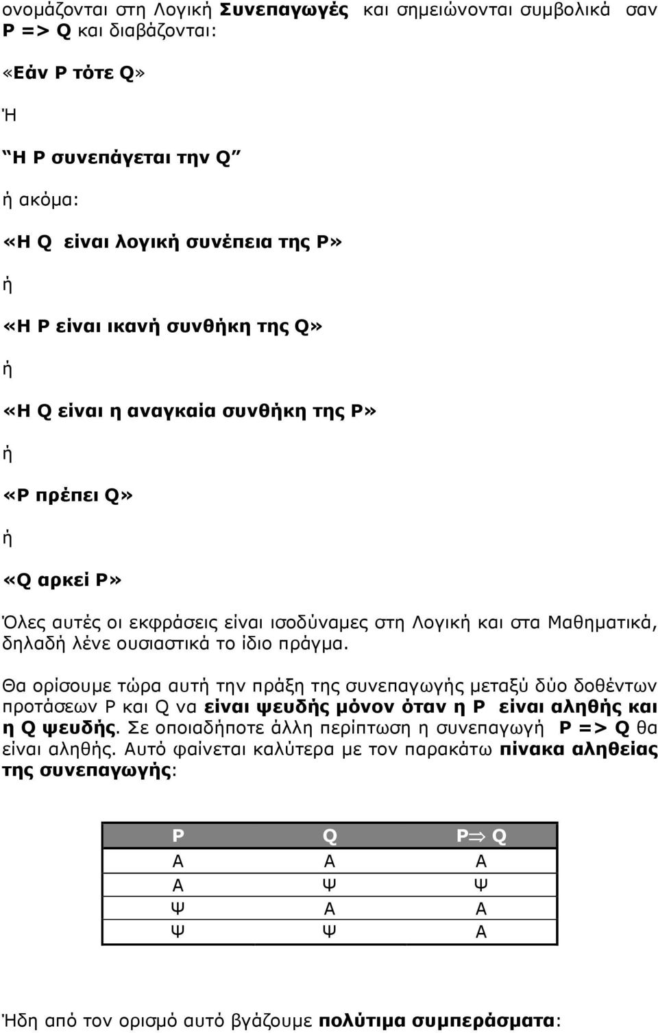 ίδιο πράγμα. Θα ορίσουμε τώρα αυτή την πράξη της συνεπαγωγής μεταξύ δύο δοθέντων προτάσεων P και Q να είναι ψευδής μόνον όταν η P είναι αληθής και η Q ψευδής.