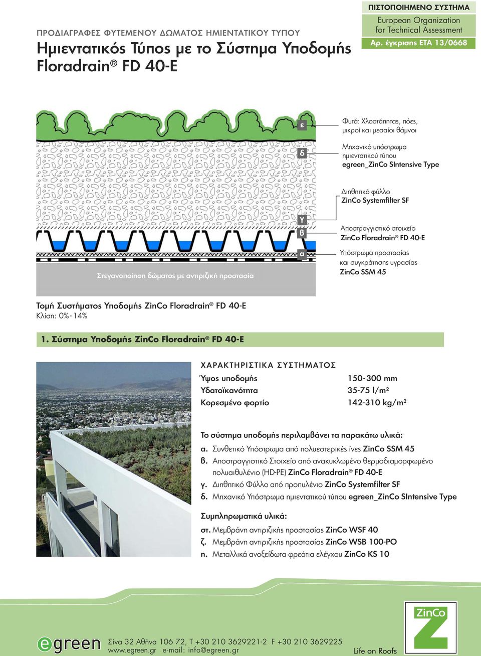 δώματος με αντιριζική προστασία γ β α Αποστραγγιστικό στοιχείο ZinCo Υπόστρωμα προστασίας και συγκράτησης υγρασίας ZinCo SSM 45 Τομή Συστήματος Υποδομής ZinCo Κλίση: 0% - 14% 1.