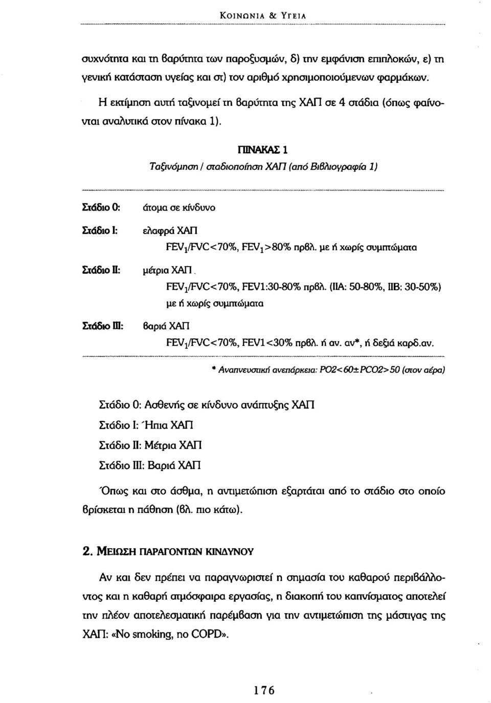 ΠΙΝΑΚΑΣ 1 Ταξινόμηση Ι σιαδιοποίηση ΧΑΠ (από Βιβ/\ιογραφία 1) Στάδιο 0: Στάδιο Ι: Στάδιο Π: Στάδιο ΠΙ: άτομα σε κίνδυνο ελαφρά ΧΑΠ FEV 1 /FVC<70%, FEV 1 >80% πρβλ. με ή χωρίς συμπτώματα μετρία ΧΑΠ.