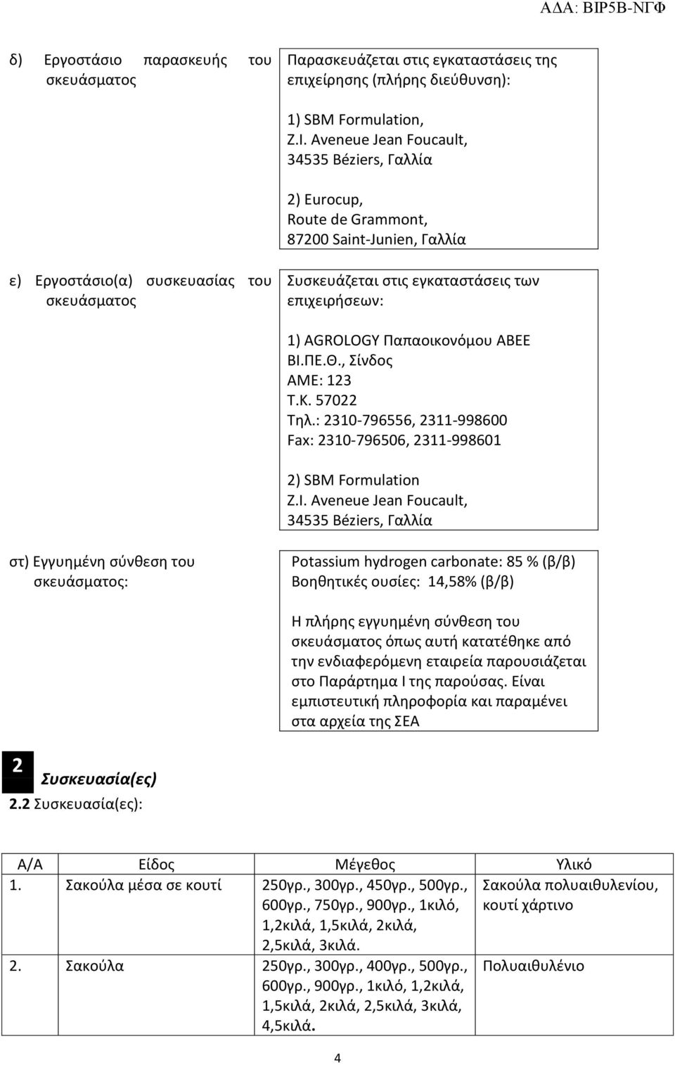 1) AGROLOGY Παπαοικονόμου ΑΒΕΕ ΒΙ.ΠΕ.Θ., Σίνδος ΑΜE: 123 Τ.Κ. 57022 Τηλ.: 2310-796556, 2311-998600 Fax: 2310-796506, 2311-998601 2) SBM Formulation Z.I.