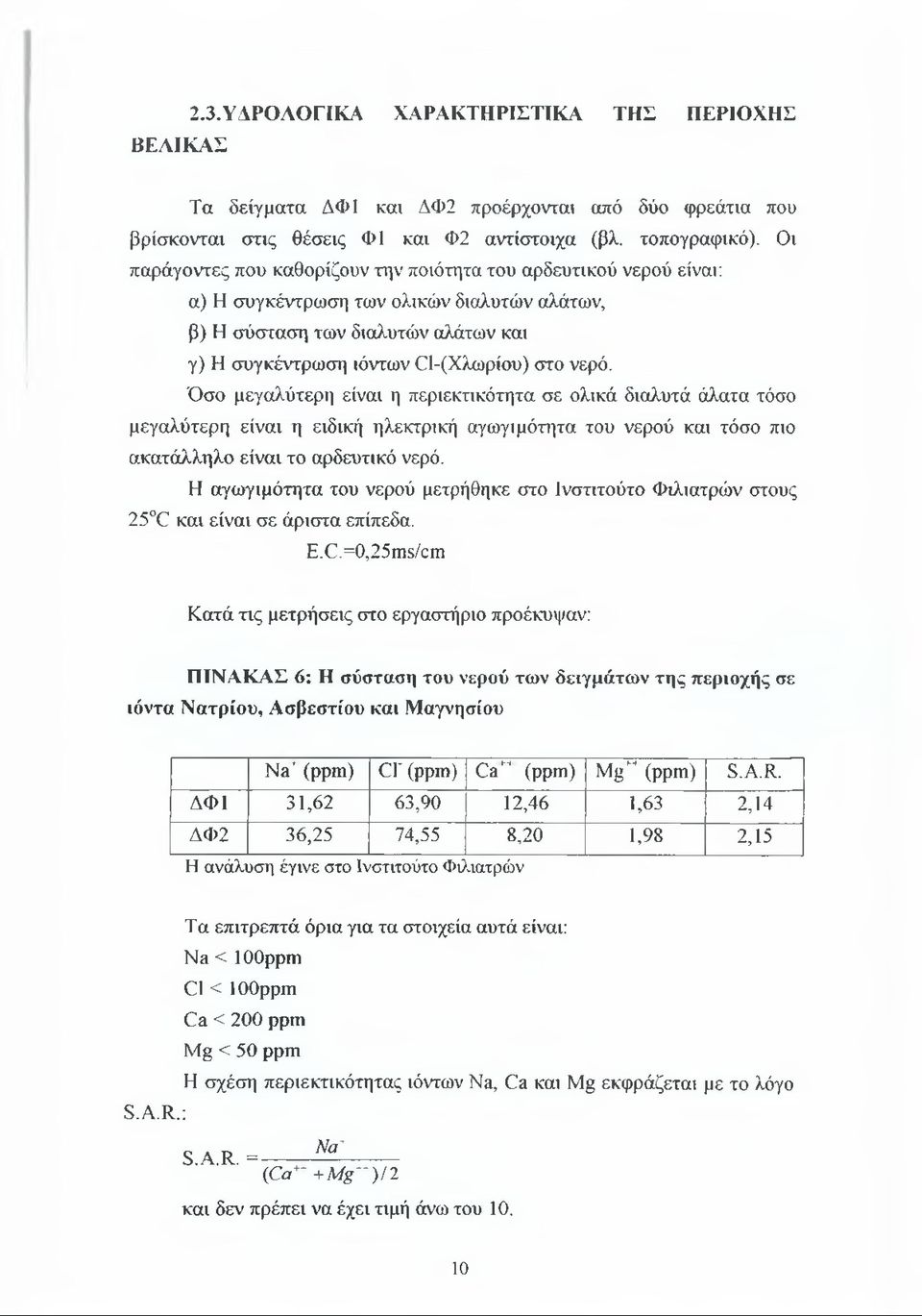 Όσο μεγαλύτερη είναι η περιεκτικότητα σε ολικά διαλυτά άλατα τόσο μεγαλύτερη είναι η ειδική ηλεκτρική αγωγιμότητα του νερού και τόσο πιο ακατάλληλο είναι το αρδευτικό νερό.