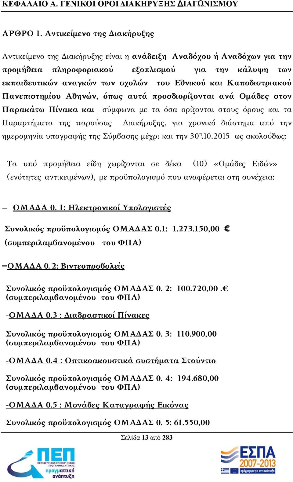 και Καποδιστριακού Πανεπιστημίου Αθηνών, όπως αυτά προσδιορίζονται ανά Ομάδες στον Παρακάτω Πίνακα και σύμφωνα με τα όσα ορίζονται στους όρους και τα Παραρτήματα της παρούσας Διακήρυξης, για χρονικό