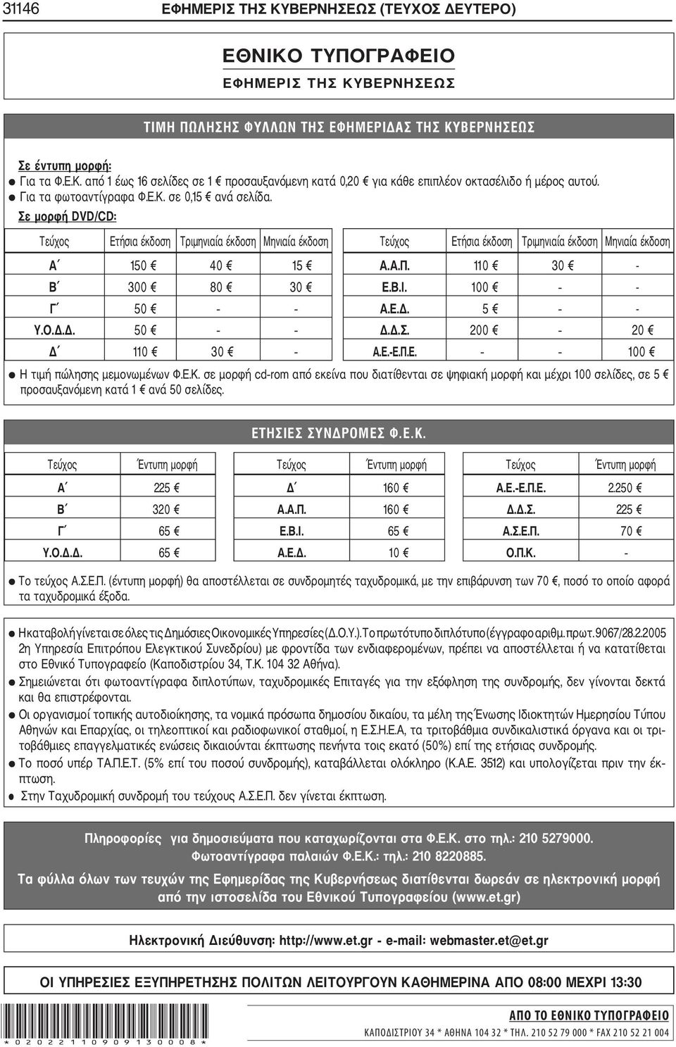 110 30 - Β 300 80 30 Ε.Β.Ι. 100 - Γ 50 Α.Ε.Δ. 5 - Υ.Ο.Δ.Δ. 50 Δ.Δ.Σ. 00 0 Δ 110 30 Α.Ε. Ε.Π.Ε. 100 Η τιμή πώλησης μεμονωμένων Φ.Ε.Κ.