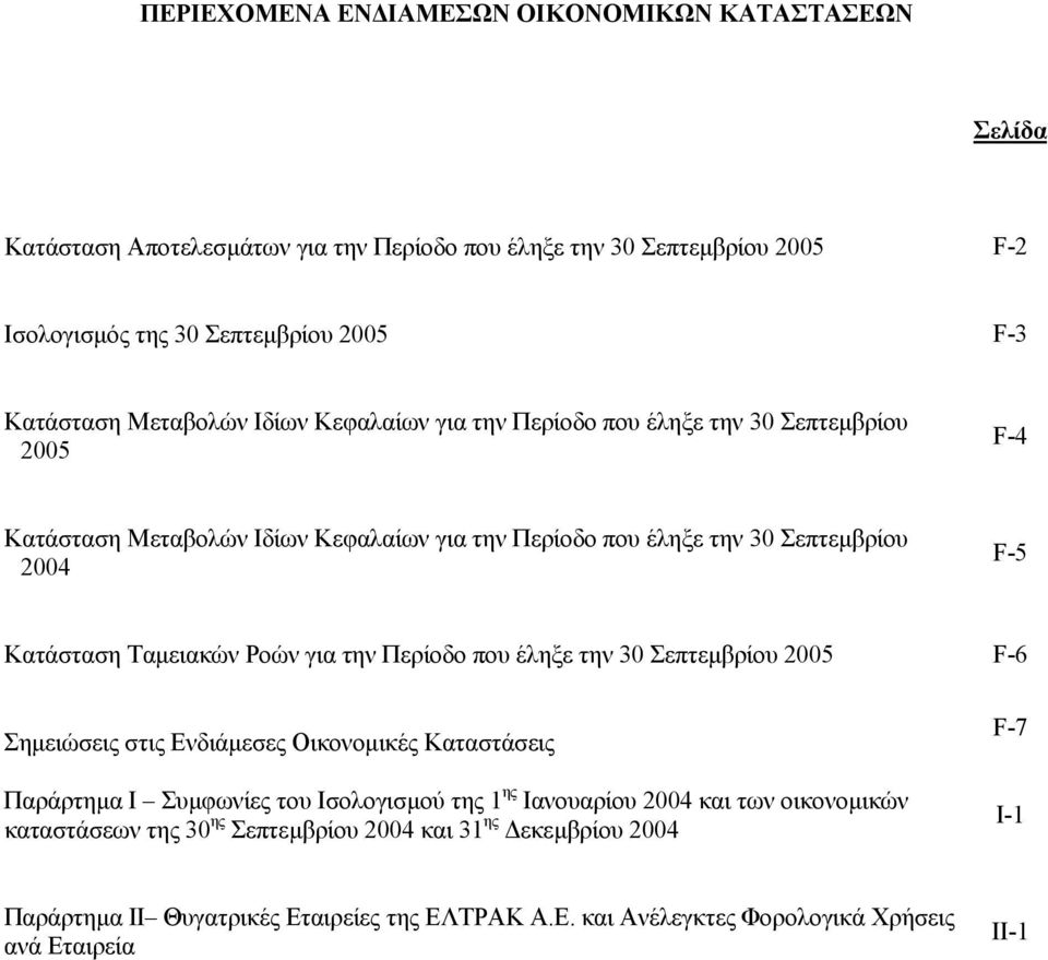 Ταµειακών Ροών για την Περίοδο που έληξε την 30 Σεπτεµβρίου 2005 F-6 Σηµειώσεις στις Ενδιάµεσες Οικονοµικές Καταστάσεις Παράρτηµα Ι Συµφωνίες του Ισολογισµού της 1 ης Ιανουαρίου 2004