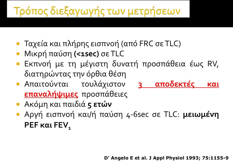 3 αποδεκτές και επαναλήψιμες προσπάθειες Ακόμη και παιδιά 5 ετών Αργή εισπνοή και/ή