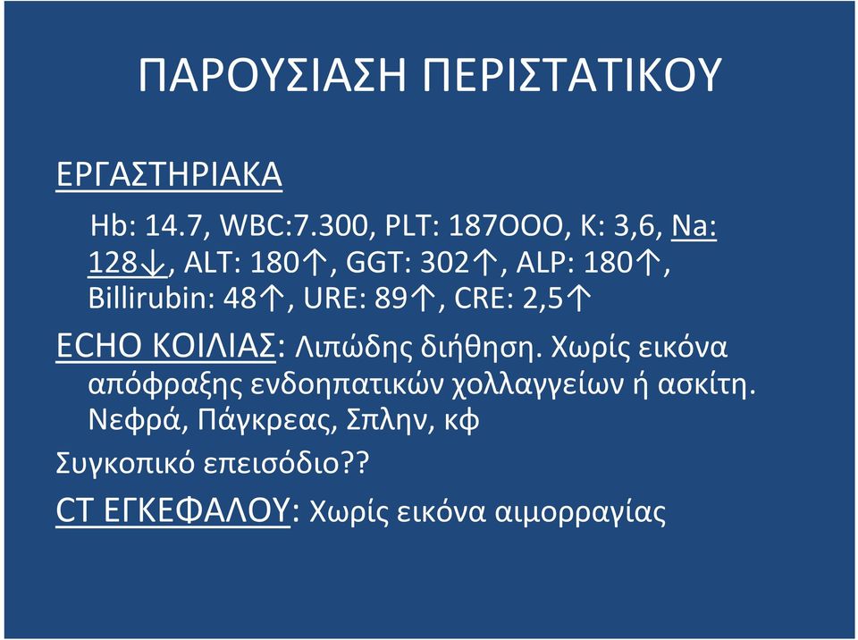 URE: 89, CRE: 2,5 ECHO KΟΙΛΙΑΣ: Λιπώδης διήθηση.