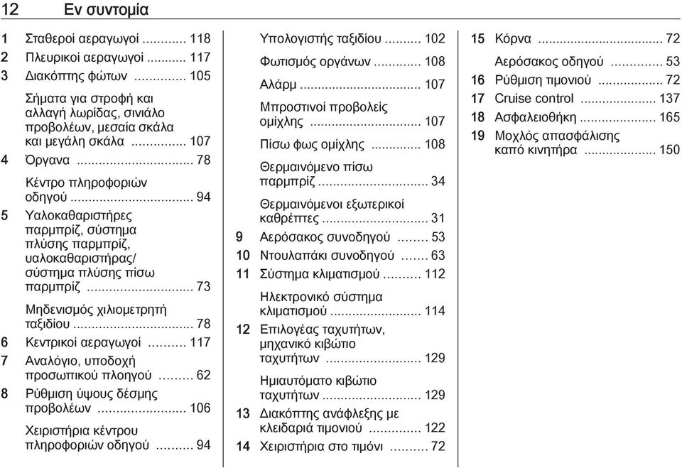 .. 78 6 Κεντρικοί αεραγωγοί... 117 7 Αναλόγιο, υποδοχή προσωπικού πλοηγού... 62 8 Ρύθμιση ύψους δέσμης προβολέων... 106 Χειριστήρια κέντρου πληροφοριών οδηγού... 94 Υπολογιστής ταξιδίου.