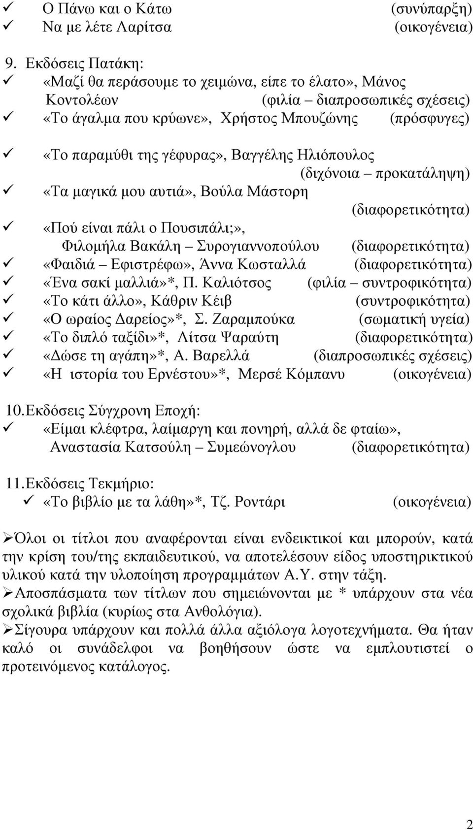 Ηλιόπουλος (διχόνοια προκατάληψη) «Τα µαγικά µου αυτιά», Βούλα Μάστορη (διαφορετικότητα) «Πού είναι πάλι ο Πουσιπάλι;», Φιλοµήλα Βακάλη Συρογιαννοπούλου (διαφορετικότητα) «Φαιδιά Εφιστρέφω», Άννα