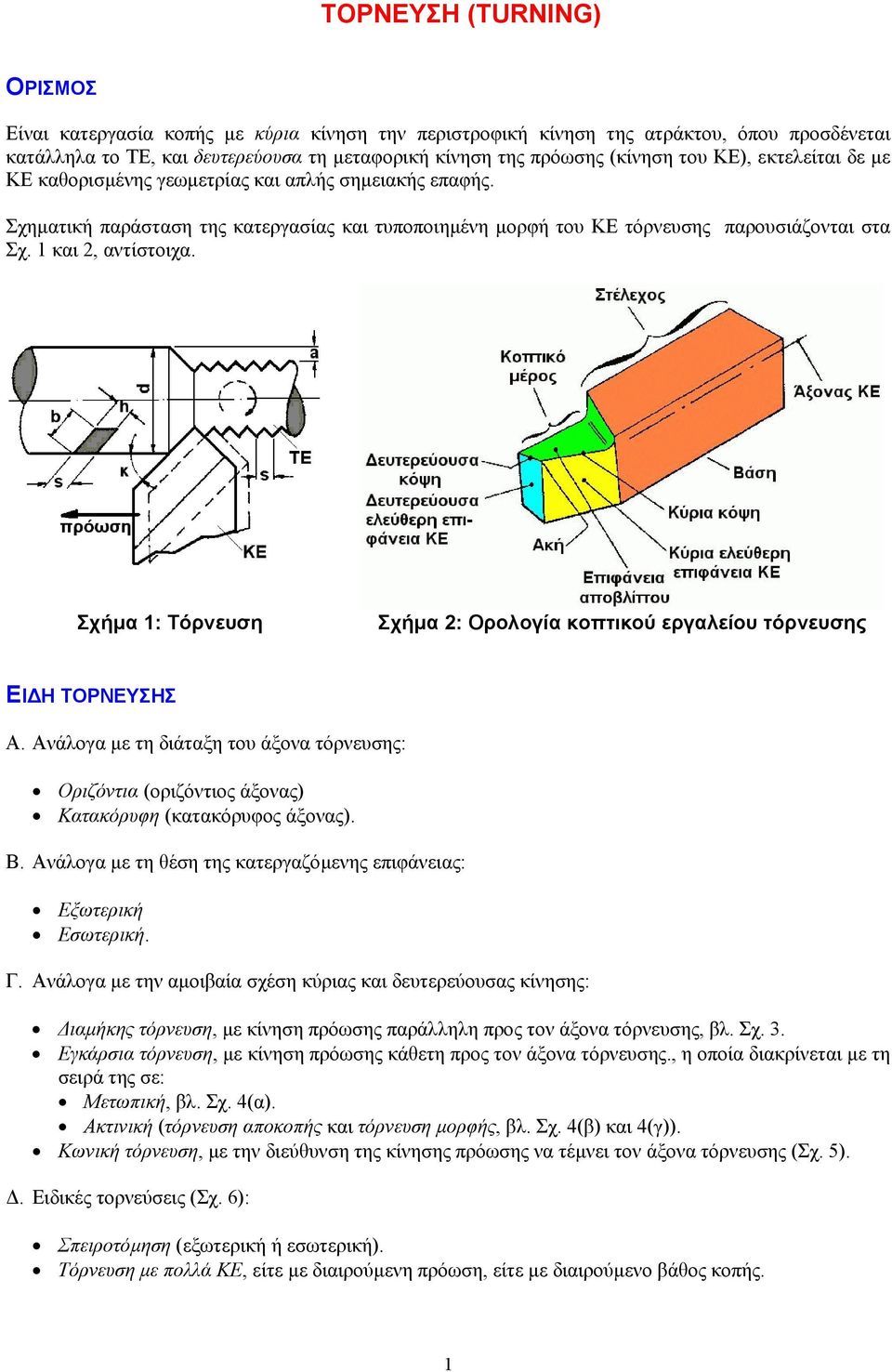 Σχήµα 1: Τόρνευση Σχήµα 2: Ορολογία κοπτικού εργαλείου τόρνευσης ΕΙ Η ΤΟΡΝΕΥΣΗΣ Α. Ανάλογα µε τη διάταξη του άξονα τόρνευσης: Οριζόντια (οριζόντιος άξονας) Κατακόρυφη (κατακόρυφος άξονας). Β.