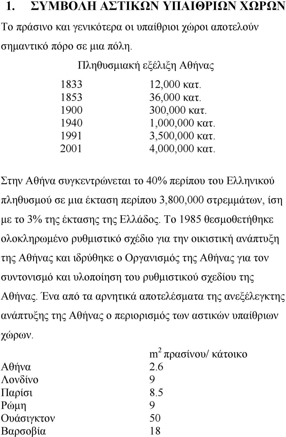 Στην Αθήνα συγκεντρώνεται το 40% περίπου του Ελληνικού πληθυσμού σε μια έκταση περίπου 3,800,000 στρεμμάτων, ίση με το 3% της έκτασης της Ελλάδος.