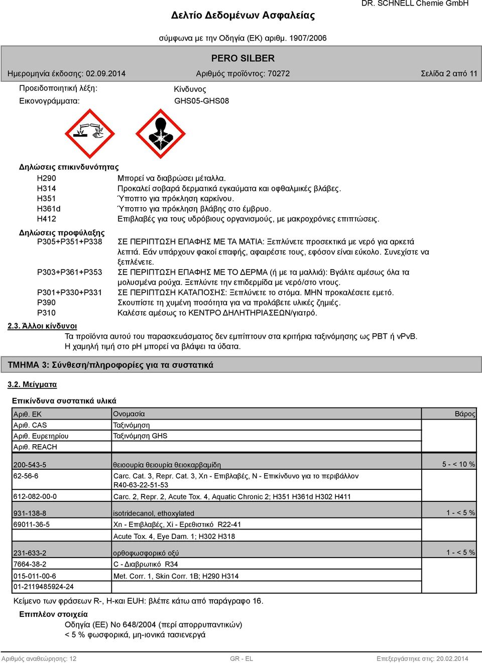 Δηλώσεις προφύλαξης P305+P351+P33 P303+P361+P353 P301+P330+P331 P390 P310 ΣΕ ΠΕΡΙΠΤΩΣΗ ΕΠΑΦΗΣ ΜΕ ΤΑ ΜΑΤΙΑ: Ξεπλύνετε προσεκτικά με νερό για αρκετά λεπτά.