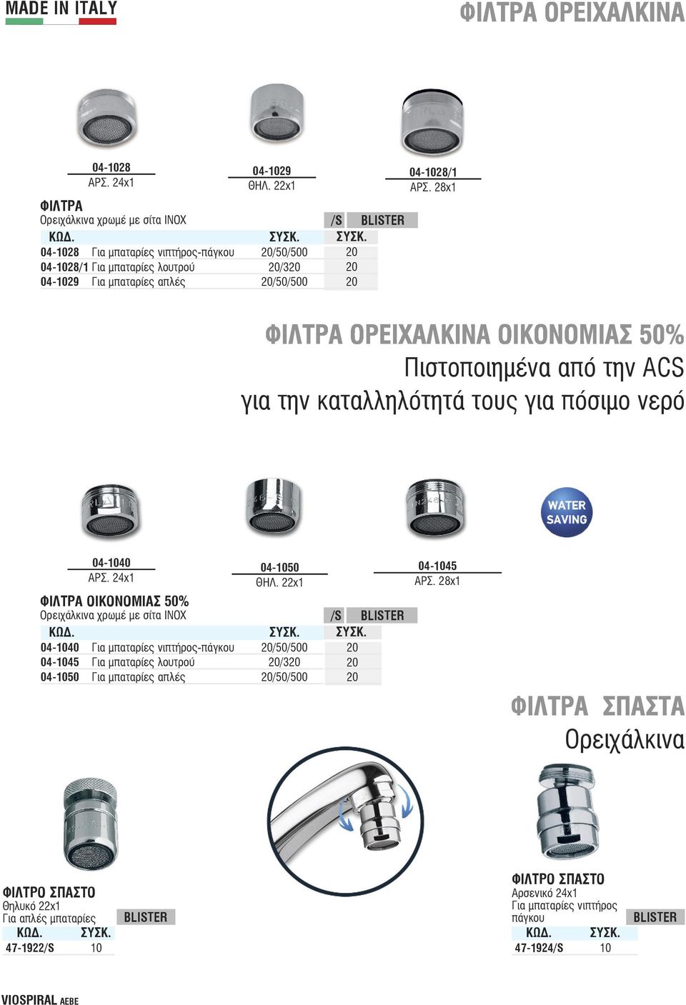 0,9520 1,52 04-1028/1 APΣ. 28x1 Πιστοποιημένα από την ACS για την καταλληλότητά τους για πόσιμο νερό 04-1040 APΣ. 24x1 04-1050 ΘΗΛ.