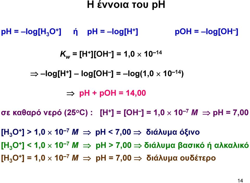 [ΟΗ ] = 1,0 10 7 M ph = 7,00 [Η 3 Ο + ] > 1,0 10 7 M ph < 7,00 διάλυμα όξινο [Η 3 Ο + ] < 1,0