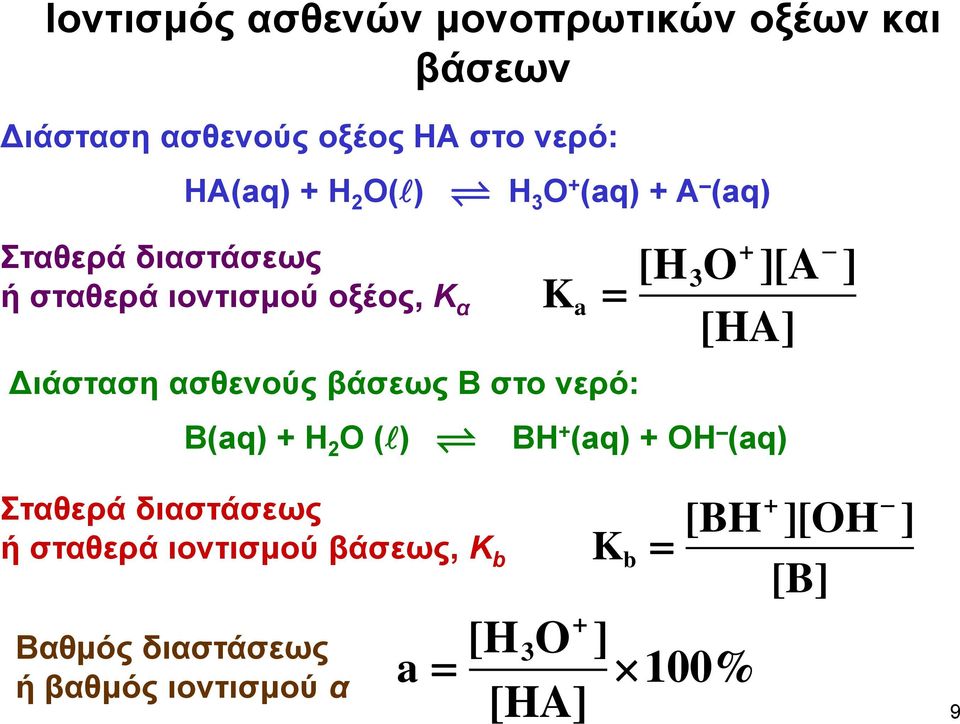 Β στο νερό: Β(aq) + Η 2 Ο () K a + [H3O ][A ] [HA] ΒΗ + (aq) + ΟΗ (aq) Σταθερά διαστάσεως ή σταθερά