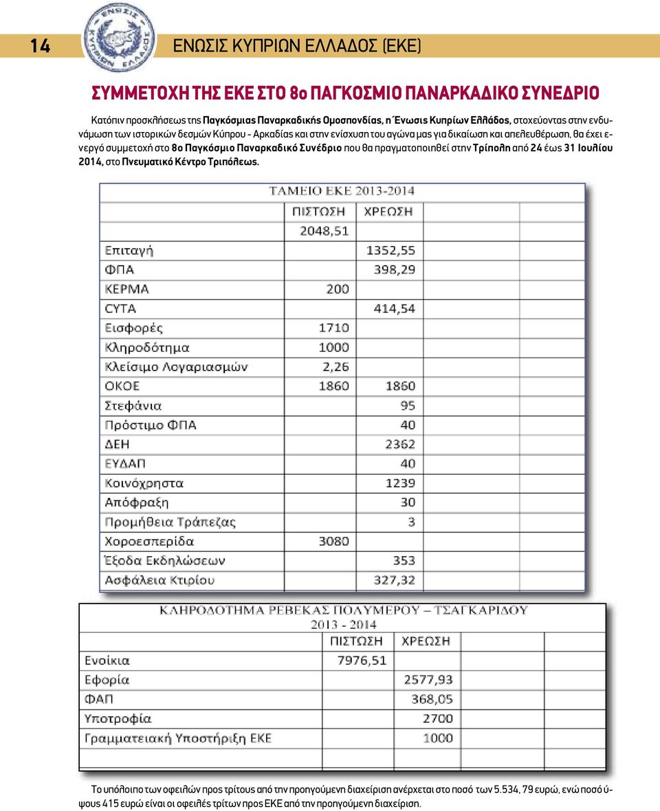 στο 8ο Παγκόσμιο Παναρκαδικό Συνέδριο που θα πραγματοποιηθεί στην Τρίπολη από 24 έως 31 Ιουλίου 2014, στο Πνευματικό Κέντρο Τριπόλεως.