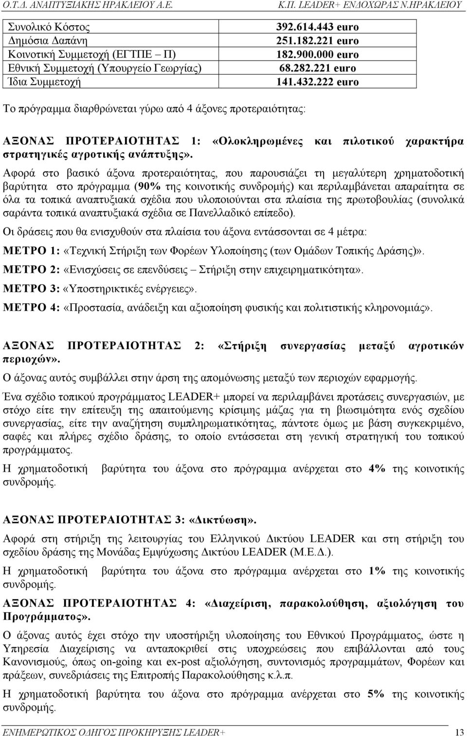 Αφορά στο βασικό άξονα προτεραιότητας, που παρουσιάζει τη µεγαλύτερη χρηµατοδοτική βαρύτητα στο πρόγραµµα (90% της κοινοτικής συνδροµής) και περιλαµβάνεται απαραίτητα σε όλα τα τοπικά αναπτυξιακά