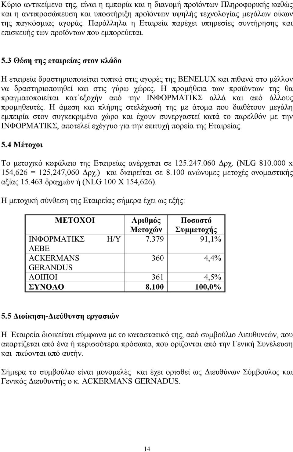 3 Θέση της εταιρείας στον κλάδο Η εταιρεία δραστηριοποιείται τοπικά στις αγορές της BENELUX και πιθανά στο μέλλον να δραστηριοποιηθεί και στις γύρω χώρες.