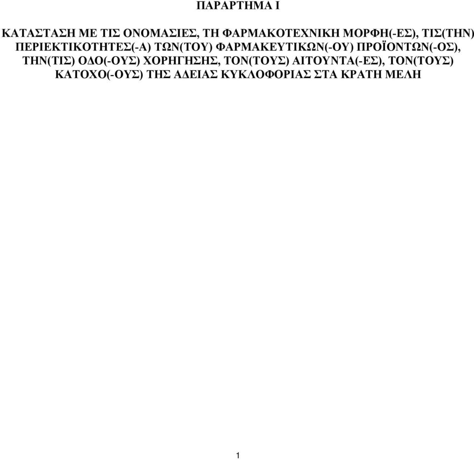 ΦΑΡΜΑΚΕΥΤΙΚΩΝ(-ΟΥ) ΠΡΟΪΟΝΤΩΝ(-ΟΣ), ΤΗΝ(ΤΙΣ) ΟΔΟ(-ΟΥΣ) ΧΟΡΗΓΗΣΗΣ,