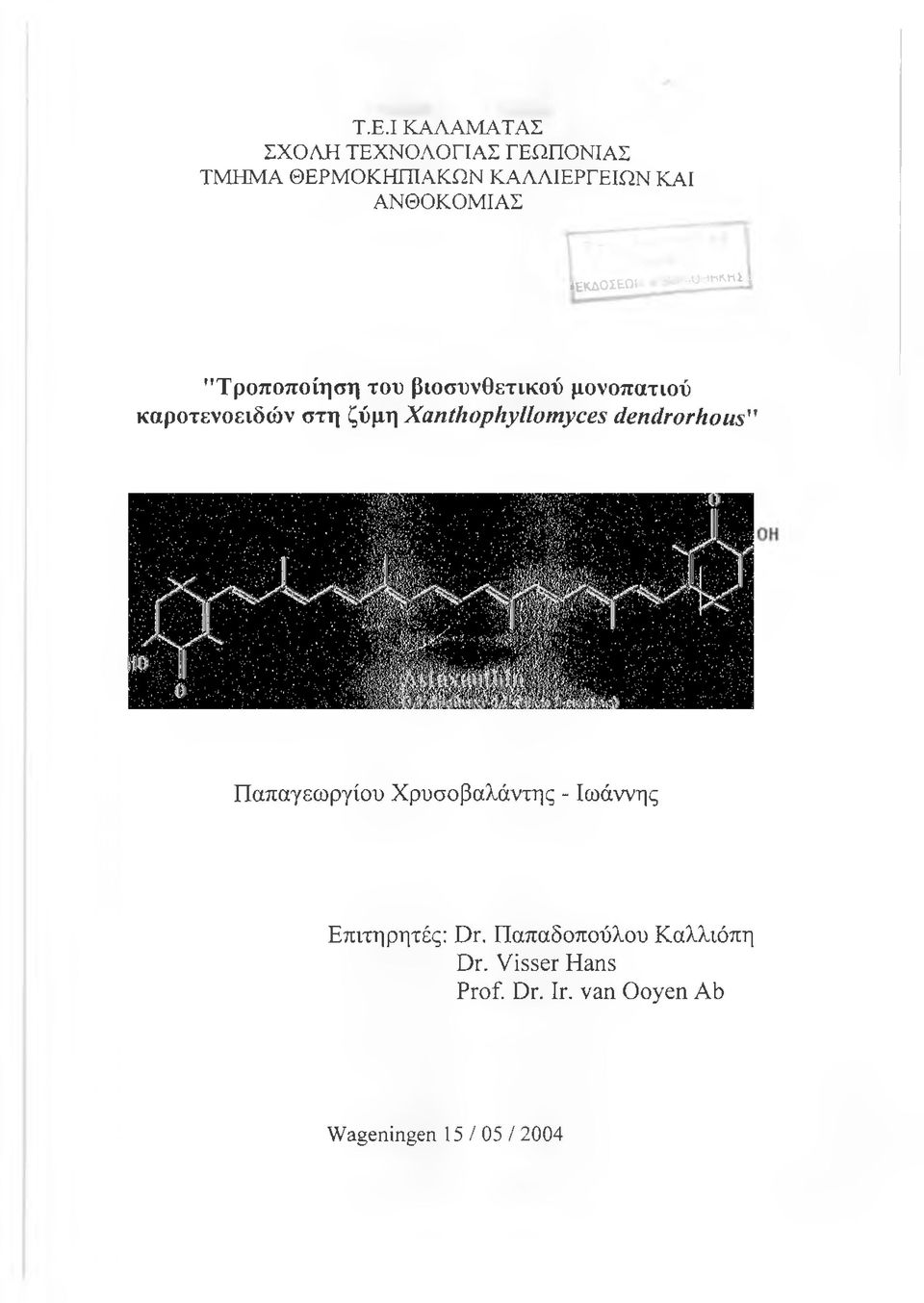 καροτενοειδών στη ζύμη Xanthophyllomyces dendrorlwus" Παπαγεωργίου Χρυσοβαλάντης -