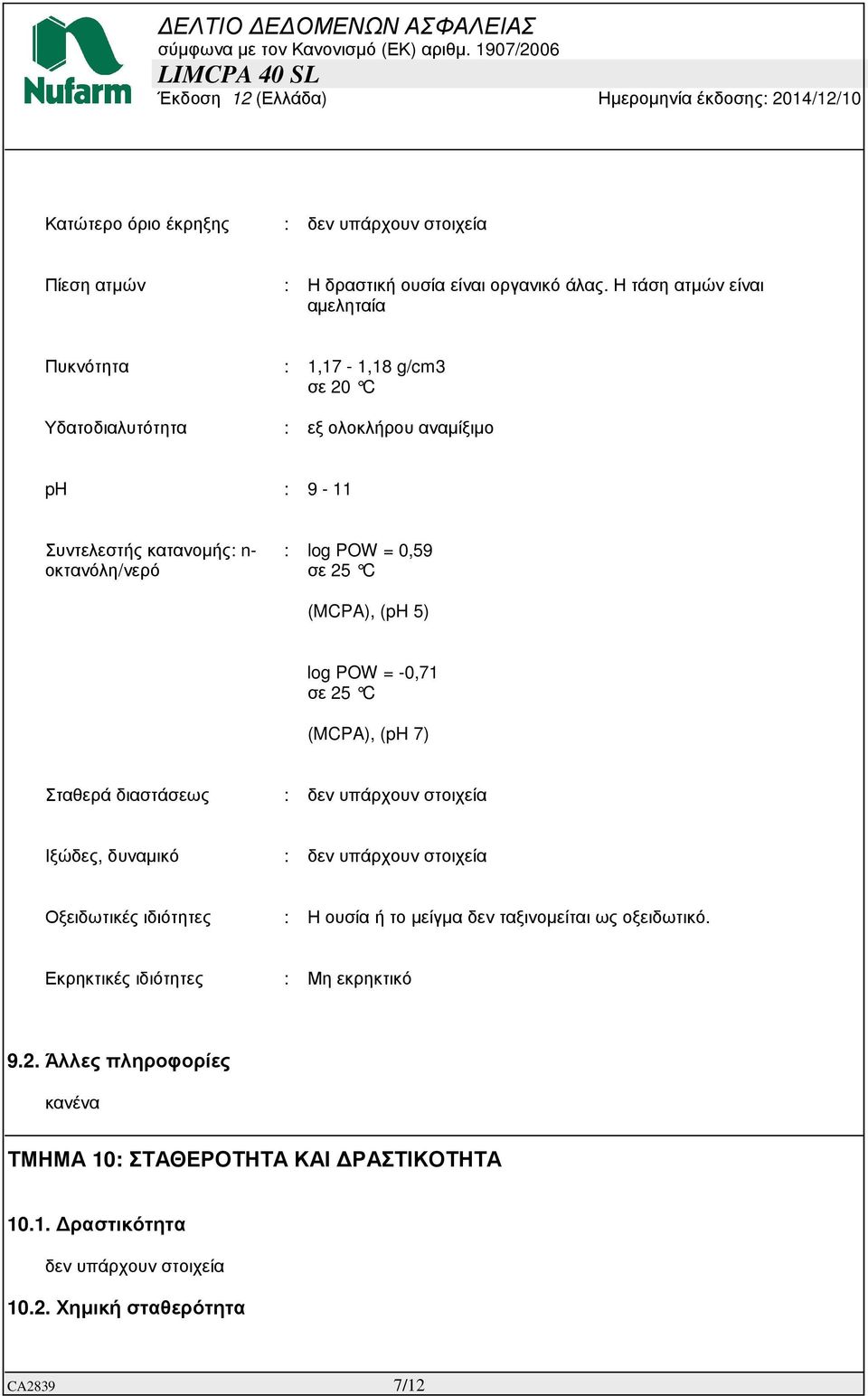 = 0,59 σε 25 C (MCPA), (ph 5) log POW = -0,71 σε 25 C (MCPA), (ph 7) Σταθερά διαστάσεως : δεν υπάρχουν στοιχεία Ιξώδες, δυναµικό : δεν υπάρχουν στοιχεία Οξειδωτικές