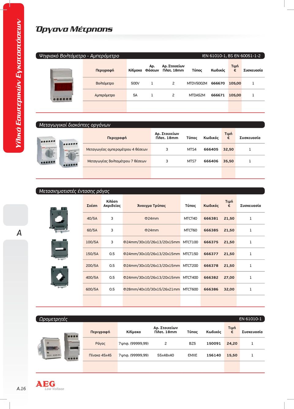 18mm Τύπος Κωδικός Βολτόμετρο 500V 1 2 MTDV5002M 666670 105,00 1 Αμπερόμετρο 5 1 2 MTD52M 666671 105,00 1 Μεταγωγέας αμπερομέτρου 4 θέσεων 3 MTS4 666405 32,50 1 Μεταγωγέας βολτομέτρου 7 θέσεων 3 MTS7