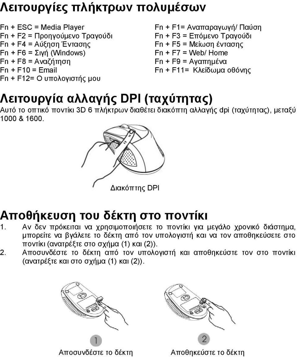 ποντίκι 3D 6 πλήκτρων διαθέτει διακόπτη αλλαγής dpi (ταχύτητας), μεταξύ 1000 & 1600. Διακόπτης DPI Αποθήκευση του δέκτη στο ποντίκι 1.