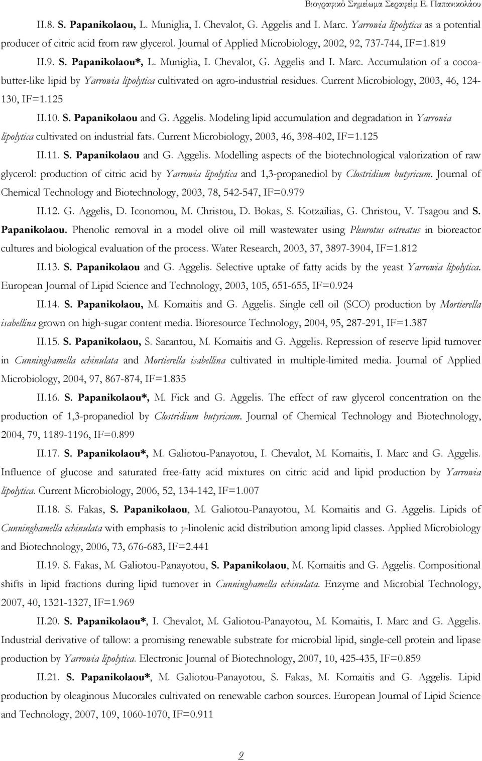 Accumulation of a cocoabutter-like lipid by Yarrowia lipolytica cultivated on agro-industrial residues. Current Microbiology, 2003, 46, 124-130, IF=1.125 II.10. S. Papanikolaou and G. Aggelis.