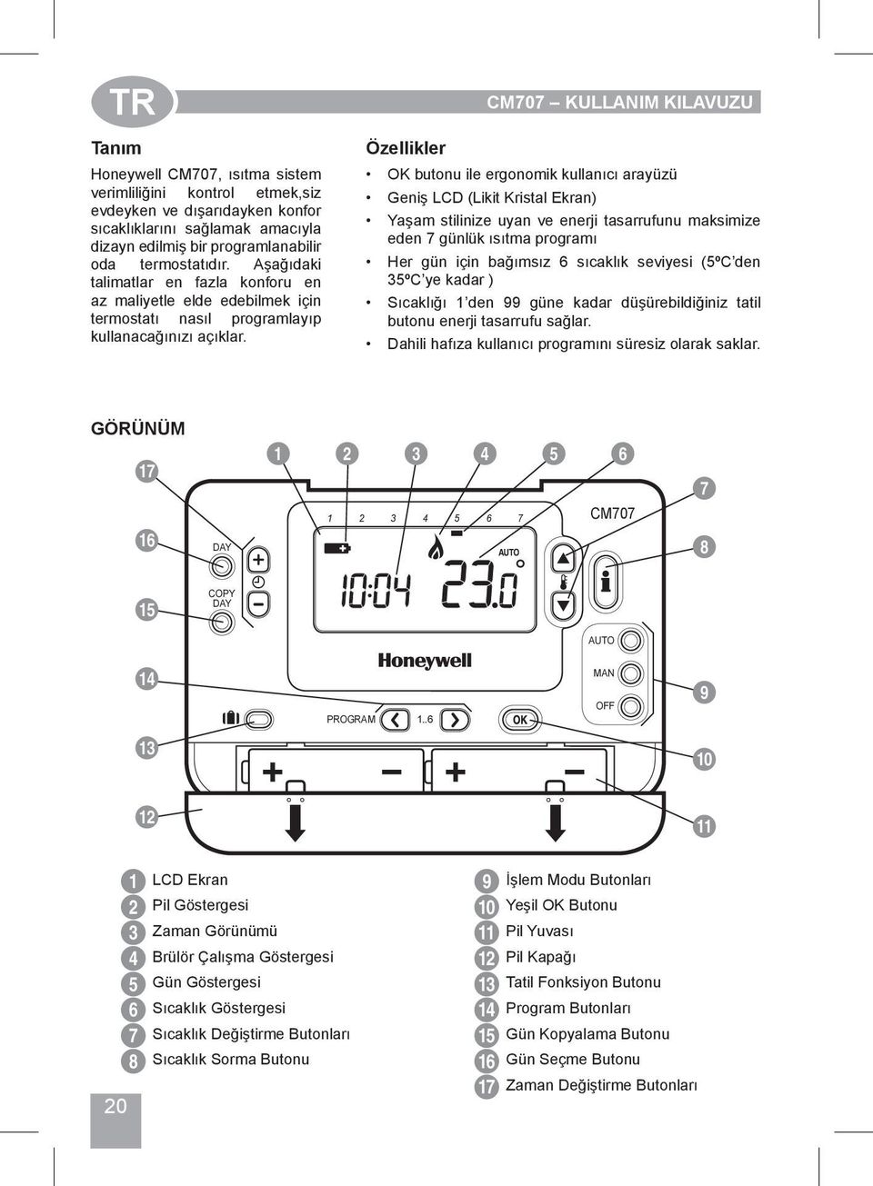 Özellikler CM707 KULLANIM KILAVUZU OK butonu ile ergonomik kullanıcı arayüzü Geniş LCD (Likit Kristal Ekran) Yaşam stilinize uyan ve enerji tasarrufunu maksimize eden 7 günlük ısıtma programı Her gün