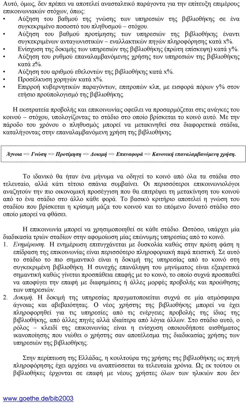 Ενίσχυση της δοκιμής των υπηρεσιών της βιβλιοθήκης πρώτη επίσκεψη) κατά y%. Αύξηση του ρυθμού επαναλαμβανόμενης χρήσης των υπηρεσιών της βιβλιοθήκης κατά z%.