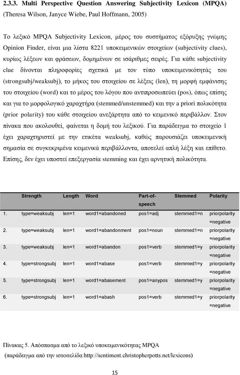 Για κάθε subjectivity clue δίνονται πληροφορίες σχετικά με τον τύπο υποκειμενικότητάς του (strongsubj/weaksubj), το μήκος του στοιχείου σε λέξεις (len), τη μορφή εμφάνισης του στοιχείου (word) και το