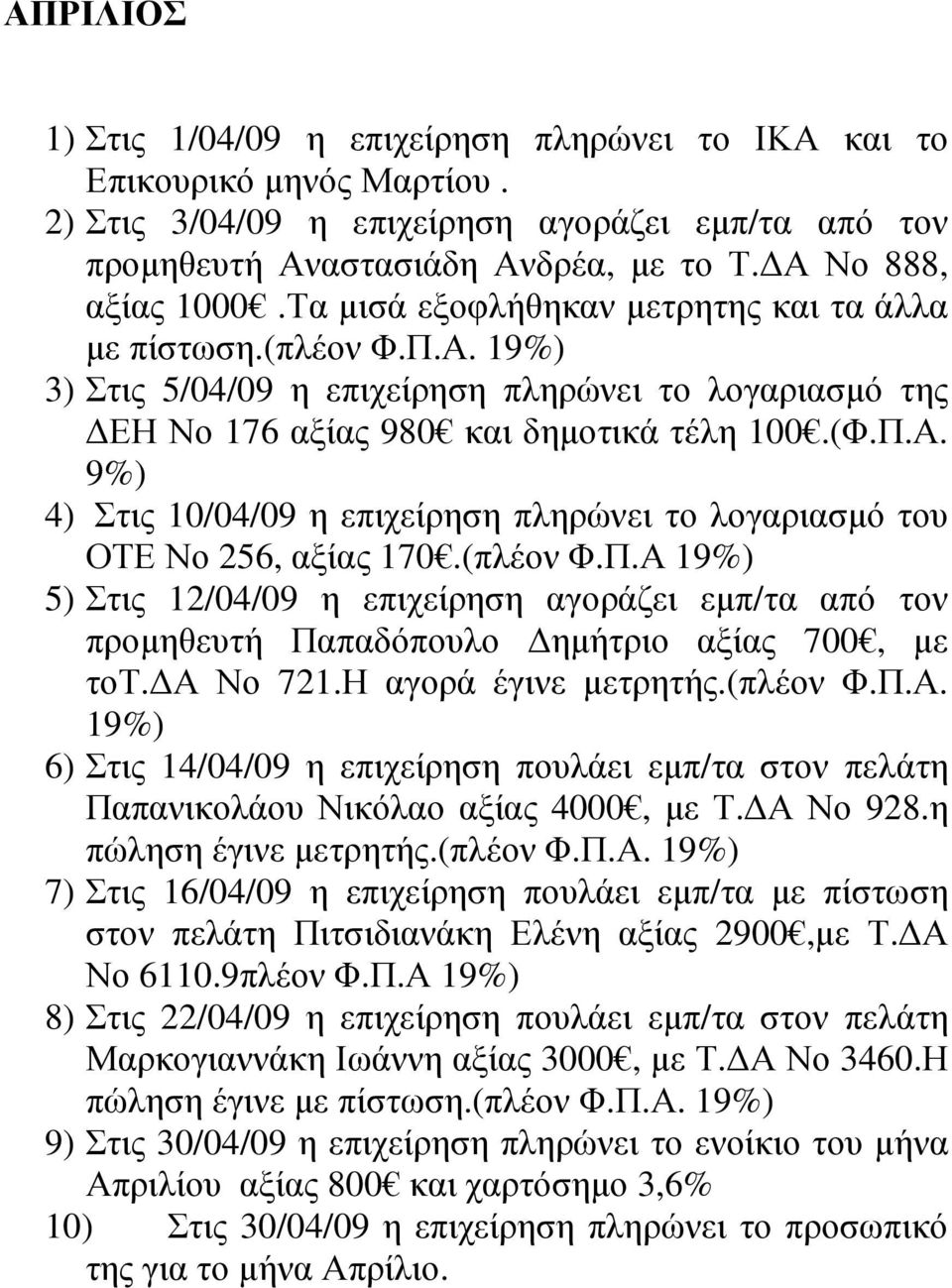 (πλέον Φ.Π.Α 19%) 5) Στις 12/04/09 η επιχείρηση αγοράζει εµπ/τα από τον προµηθευτή Παπαδόπουλο ηµήτριο αξίας 700, µε τοτ. Α Νο 721.Η αγορά έγινε µετρητής.(πλέον Φ.Π.Α. 19%) 6) Στις 14/04/09 η επιχείρηση πουλάει εµπ/τα στον πελάτη Παπανικολάου Νικόλαο αξίας 4000, µε Τ.