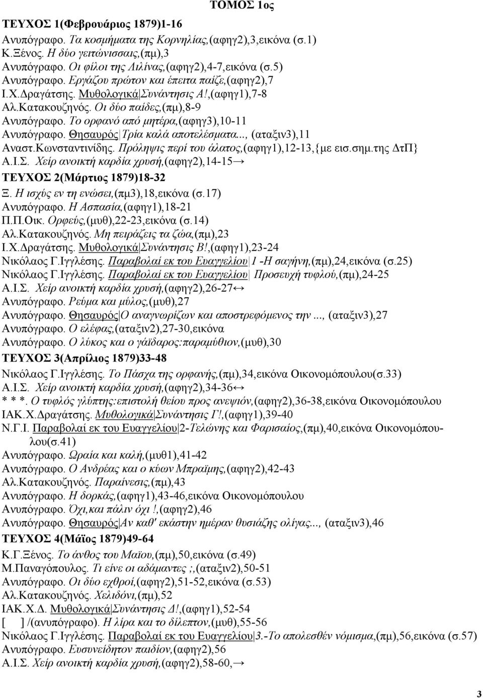 Το ορφανό από µητέρα,(αφηγ3),10-11 Ανυπόγραφο. Θησαυρός Τρία καλά αποτελέσµατα..., (αταξιν3),11 Αναστ.Κωνσταντινίδης. Πρόληψις περί του άλατος,(αφηγ1),12-13,{µε εισ.σηµ.της τπ} Α.Ι.Σ.