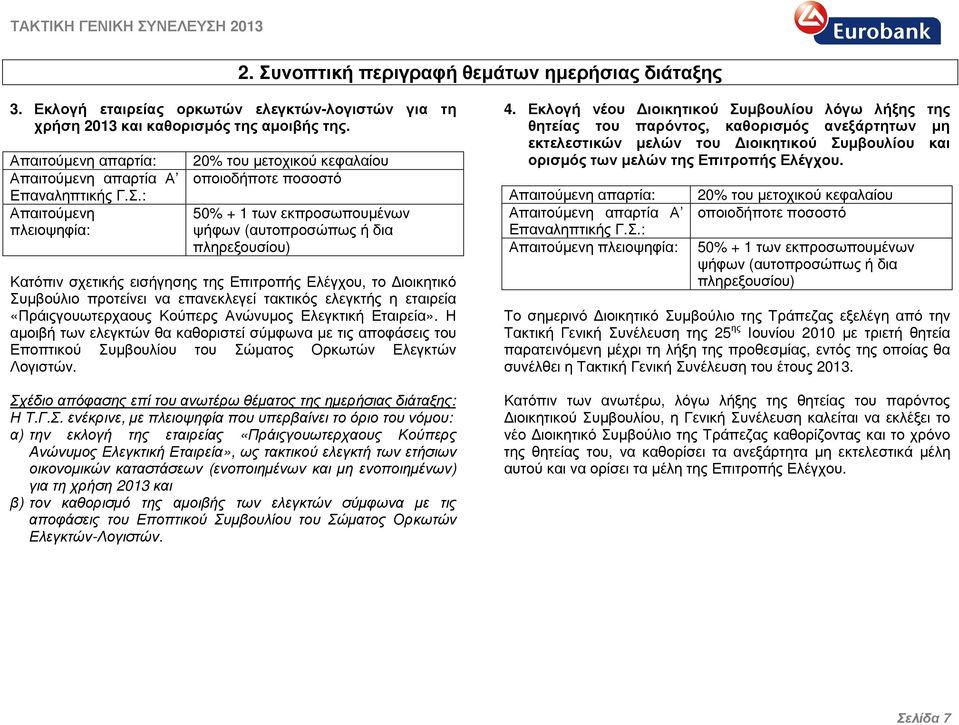 : Απαιτούµενη πλειοψηφία: 20% του µετοχικού κεφαλαίου οποιοδήποτε ποσοστό 50% + 1 των εκπροσωπουµένων ψήφων (αυτοπροσώπως ή δια πληρεξουσίου) Κατόπιν σχετικής εισήγησης της Επιτροπής Ελέγχου, το