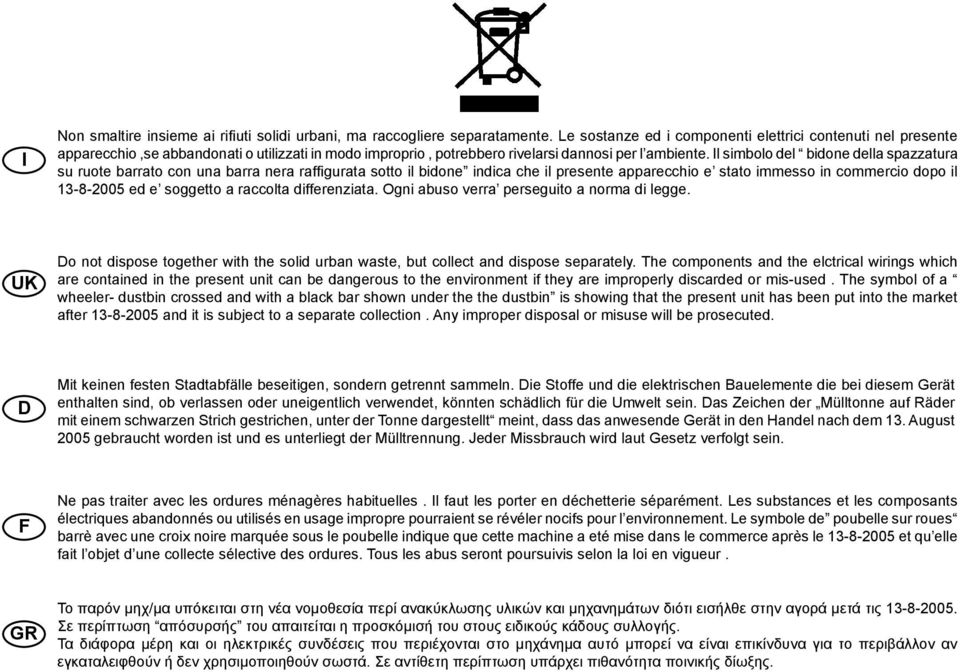 Il simbolo del bidone della spazzatura su ruote barrato con una barra nera raffigurata sotto il bidone indica che il presente apparecchio e stato immesso in commercio dopo il 13-8-2005 ed e soggetto