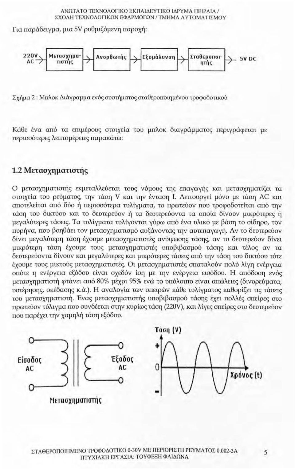 λεπτομέρειες παρακάτω: 1.2 Μετασχηματιστής Ο μετασχηματ ιστής εκμεταλλεύεται τους νόμους της επαγωγι1ς κα ι μετασχη ματίζει τα στοιχεία του ρεύμ ατος, την τάση V και την ένταση 1.