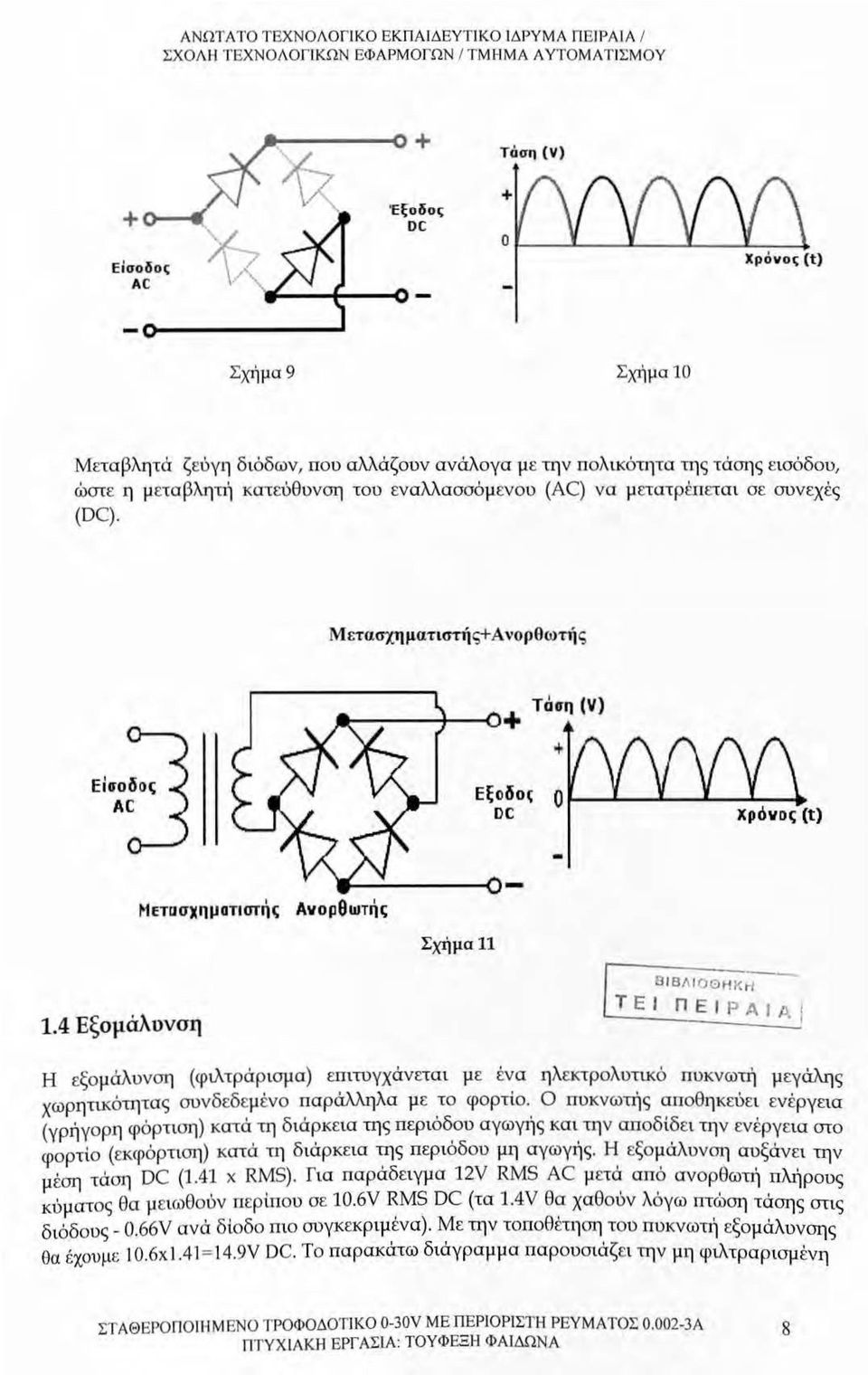 4 Εξομάλυνση Μετασχηματιστής Ανορθωτής Σχήμα 11 Εξοδο( DC Ο ~-----... ---ιι...-_.. - Β Ι ΒΛΙ ΟΘ ΗΚ;;- Τ Ε 1 ΠΕΙ ΡΑJJ>.