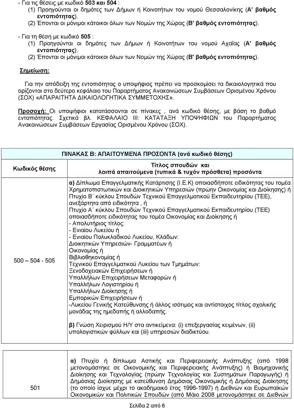 - Για τη θέση με κωδικό 505 : (1) Προηγούνται οι δημότες των Δήμων ή Κοινοτήτων του νομού Αχαΐας (Α' βαθμός εντοπιότητας).