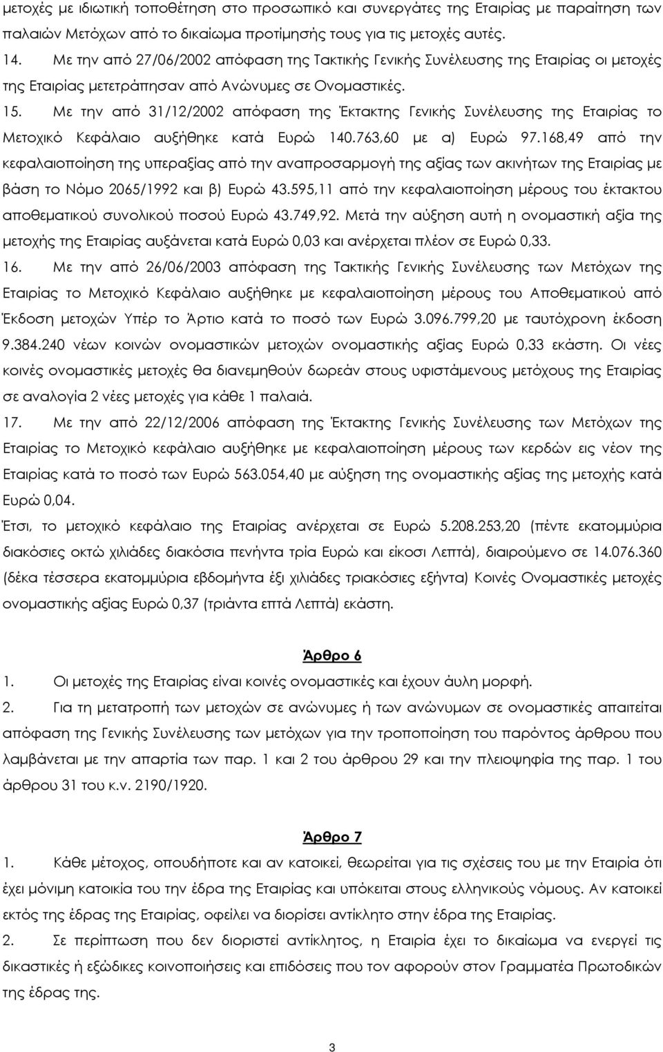 Με την από 31/12/2002 απόφαση της Έκτακτης Γενικής Συνέλευσης της Εταιρίας το Μετοχικό Κεφάλαιο αυξήθηκε κατά Ευρώ 140.763,60 με α) Ευρώ 97.