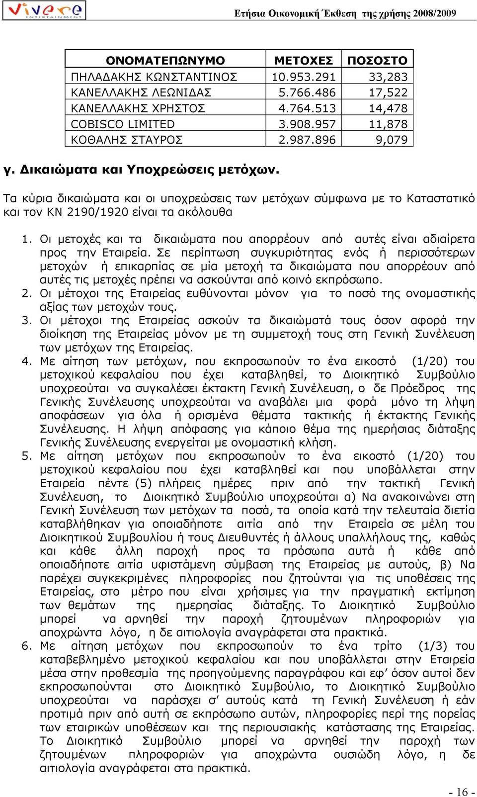 Οι µετοχές και τα δικαιώµατα που απορρέουν από αυτές είναι αδιαίρετα προς την Εταιρεία.