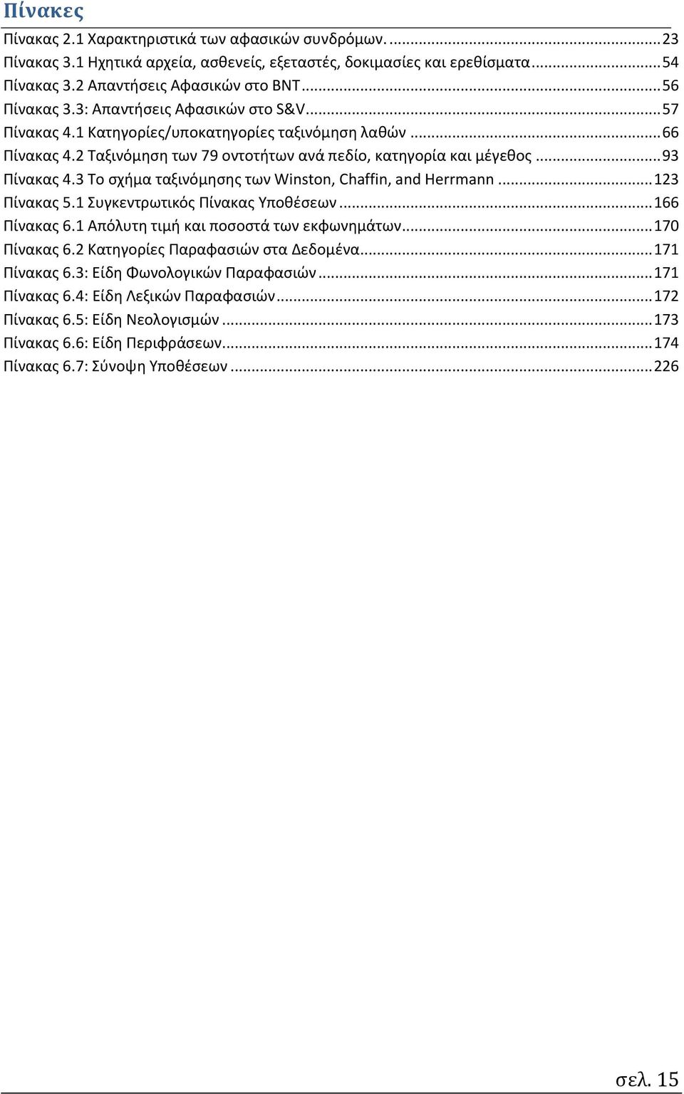 3 Το σχήμα ταξινόμησης των Winston, Chaffin, and Herrmann... 123 Πίνακας 5.1 Συγκεντρωτικός Πίνακας Υποθέσεων... 166 Πίνακας 6.1 Απόλυτη τιμή και ποσοστά των εκφωνημάτων... 170 Πίνακας 6.